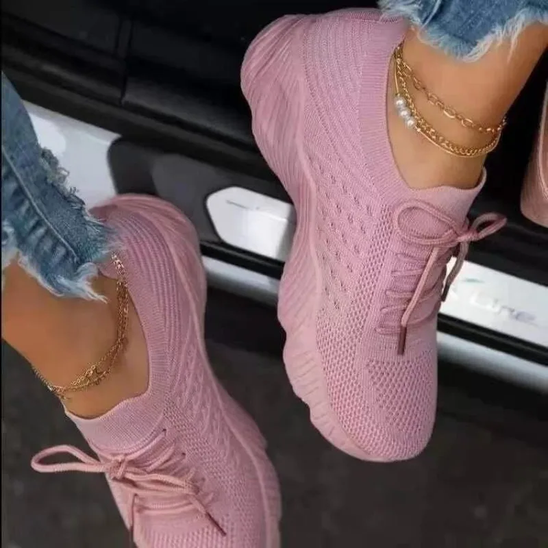 Knit Fabric Lace Up Sneakers - Women's Casual Knit Sneakers Breathable Mesh