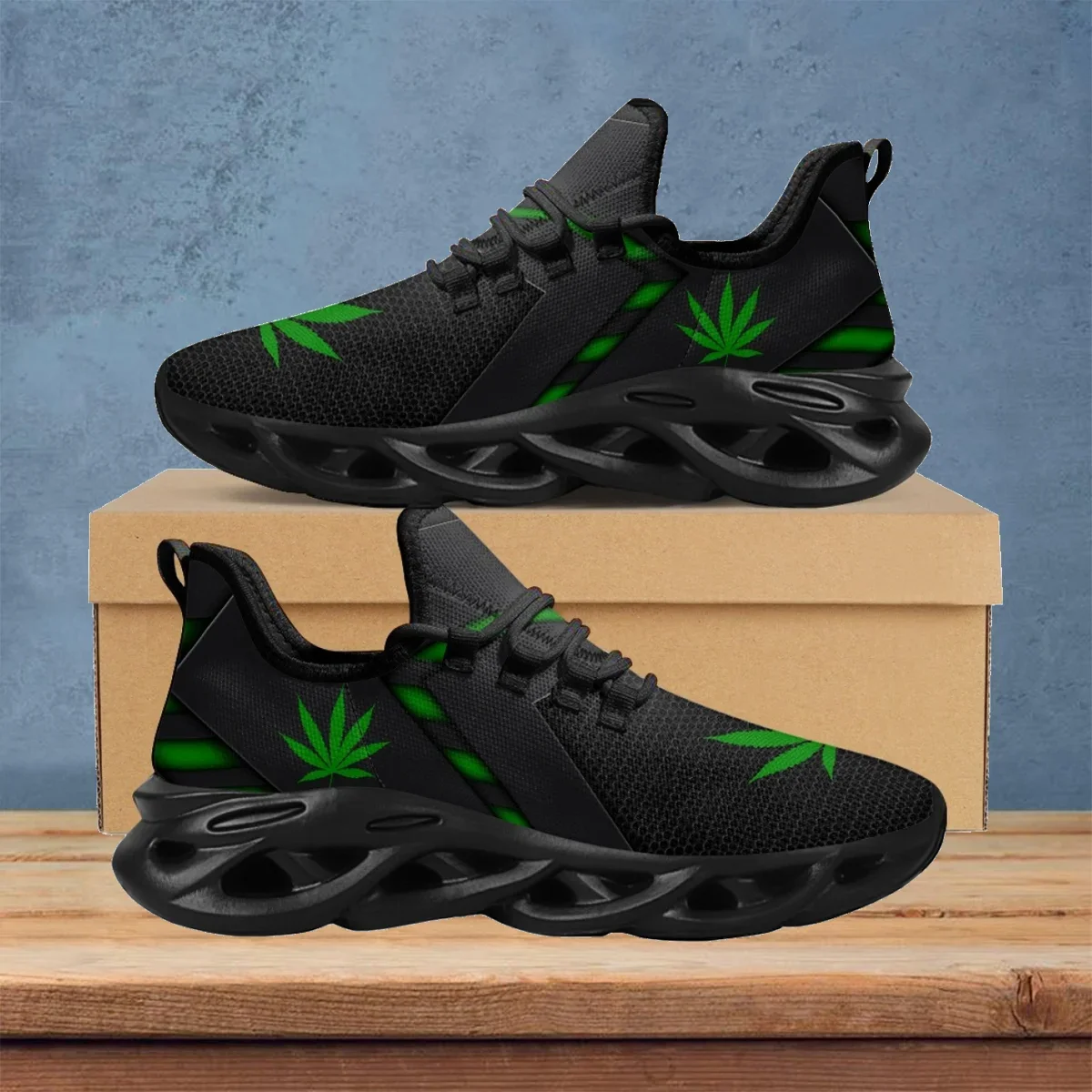 Breathable Mesh Athletic Shoes - Green Weed Leaves Printing Athletic Shoes