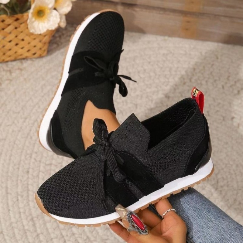 Knit Fabric Lace Up Sneakers - New Black Knit Breathable Womens Sneakers