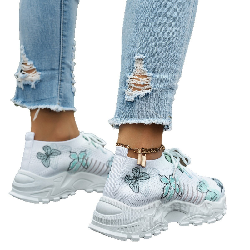 Women Butterfly Print Mesh Sne - Knit Fabric Lace Up Sneakers review and price