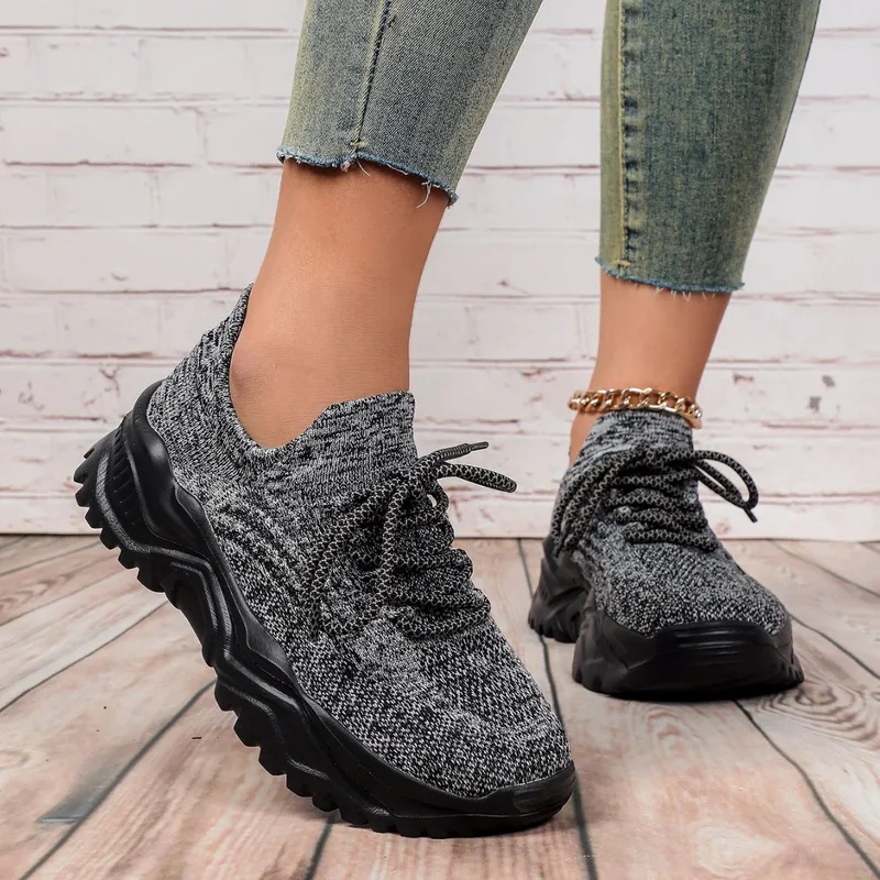 Fashion Chunky Platform Sneake - Knit Fabric Lace Up Sneakers review and price